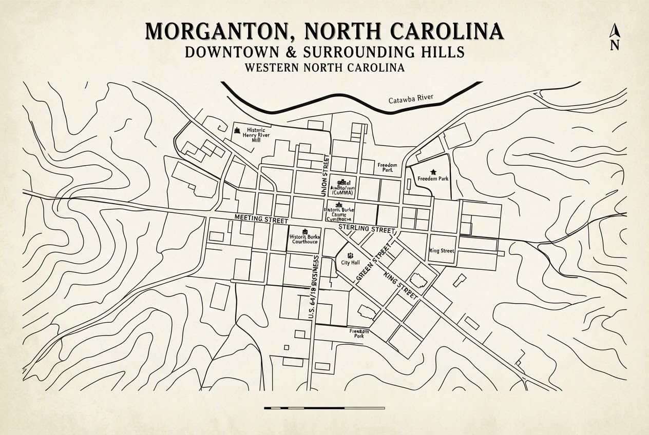 A drawn map of downtown Morganton, North Carolina
